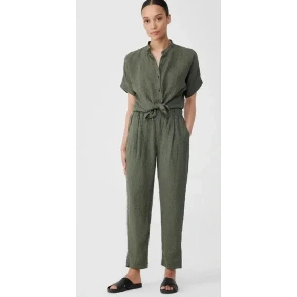 Eileen Fisher Pants Women X Large Green Black Puckered Organic Linen Tapered - Picture 3 of 12